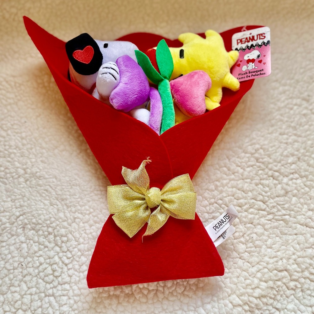 Peanuts Snoopy Woodstock Plush Bouquet Red Valentine Rose Heart Gold Bow 13in‎